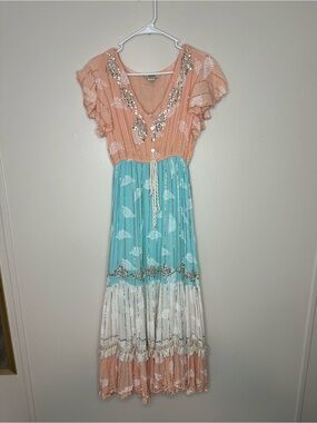 Zury Peach & Aqua Boho Maxi Dress Sequined Embroidered Free Size